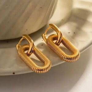 Anthropologie Bohemian Stainless Steel Gold Buckle Hoop Hollow Drop Earrings